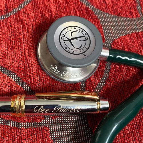 Hand engraved stethoscope and pen