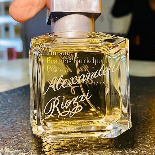 Hand engraved bottle of Parfum Francis Kirkdjian with the name Alexander