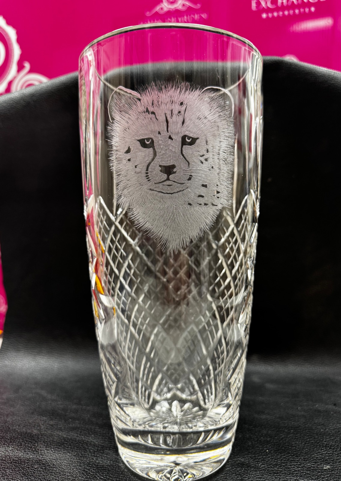 young cheetah hand engraved crystal vase